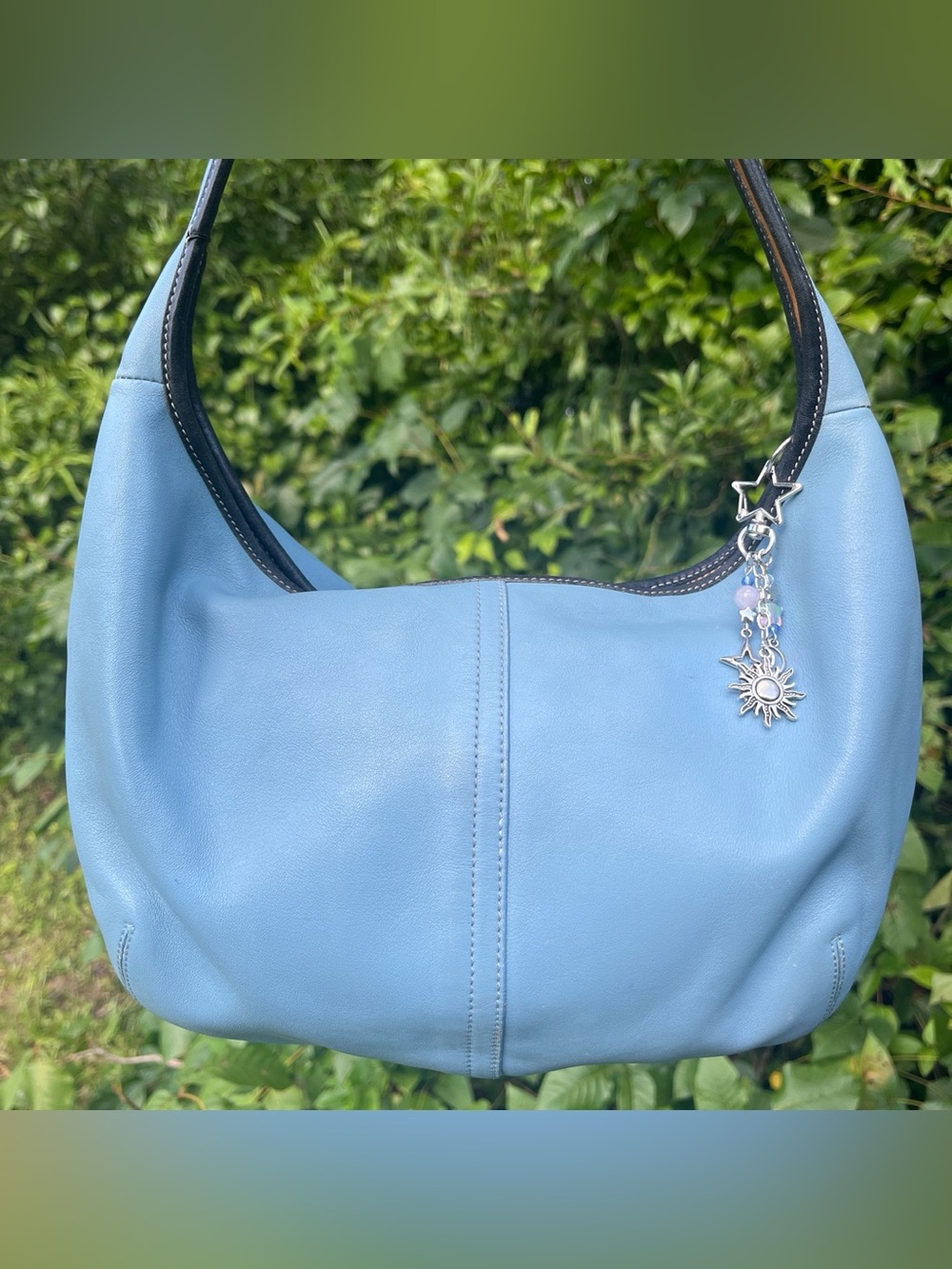 Coach Sky Blue Leather Hobo Ergo Bag with silver sun charm